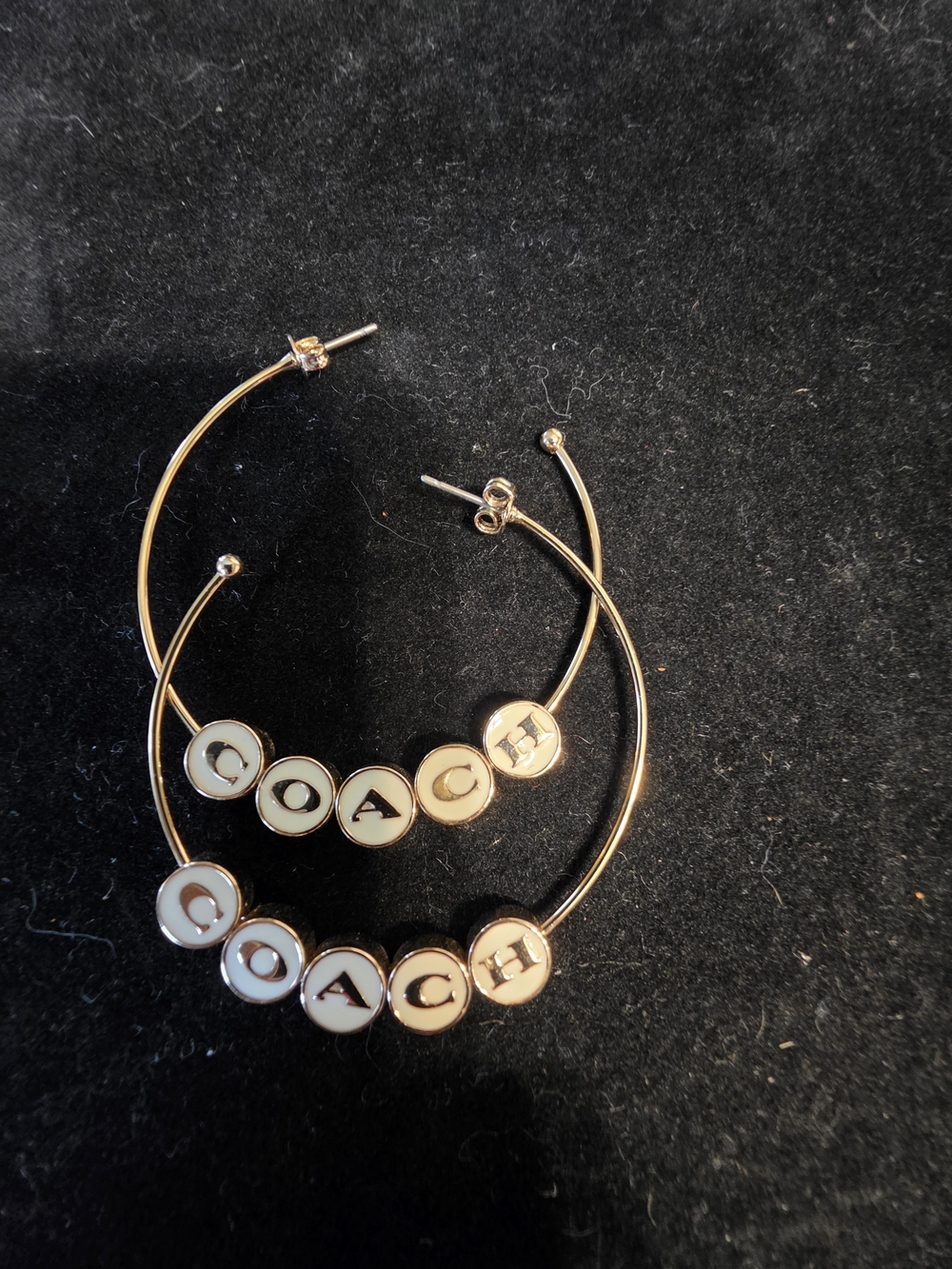 #1410 Coach Gold Hoop Earrings with White Letter Discs